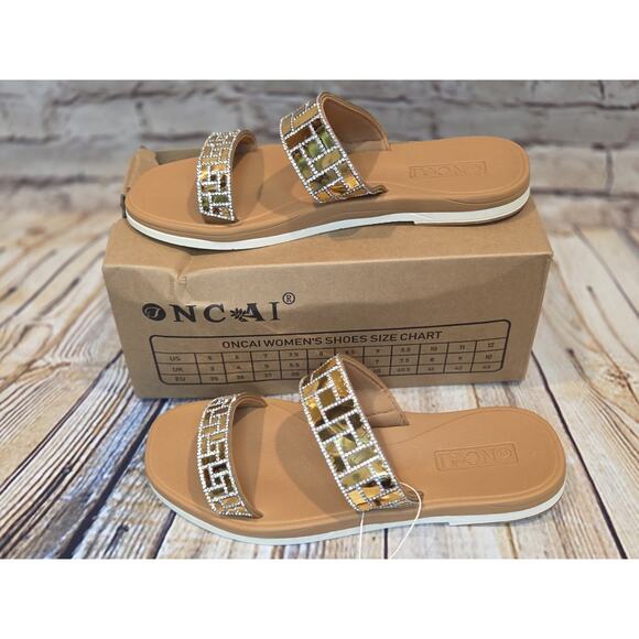 NCAI Shoes - NCAI Flat Sandals Rhinestone Tan Gold